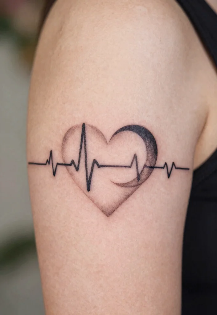 17 Heart Beat Tattoo Ideas: Emotional Simple and Clean - 13. Heart Beat with Moon 1