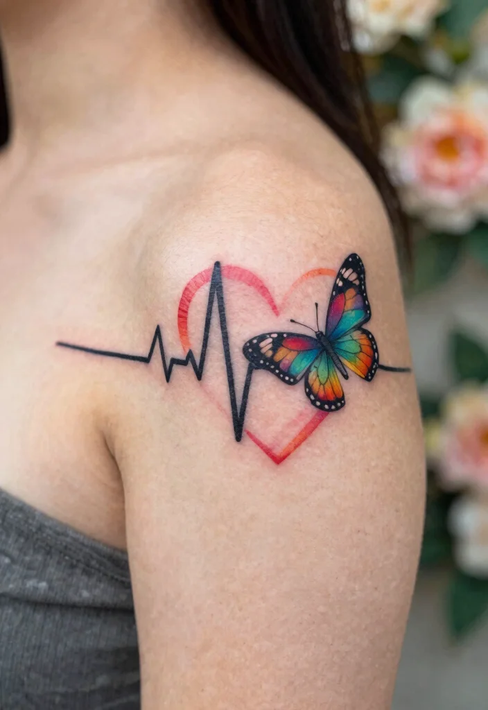 17 Heart Beat Tattoo Ideas: Emotional Simple and Clean - 14. Heart Beat with Butterfly 1