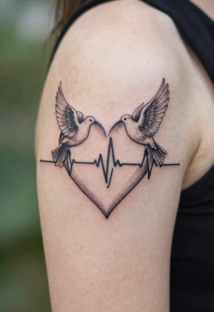 17 Heart Beat Tattoo Ideas: Emotional Simple and Clean - 16. Heart Beat with Doves 1