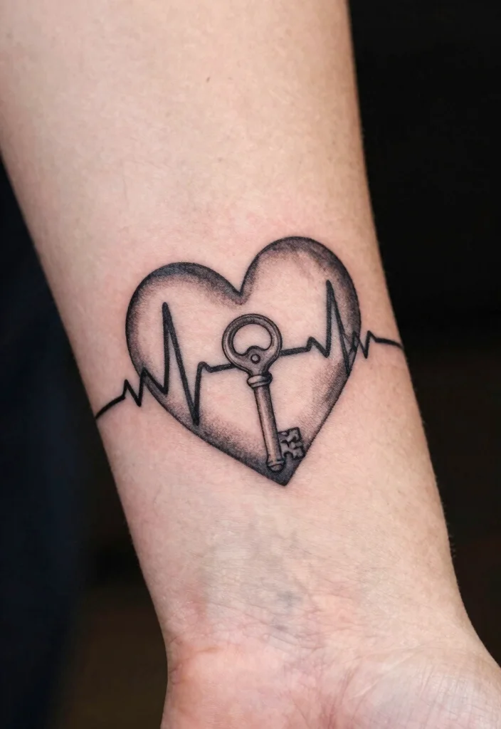 17 Heart Beat Tattoo Ideas: Emotional Simple and Clean - 17. Heart Beat with a Lock and Key 1