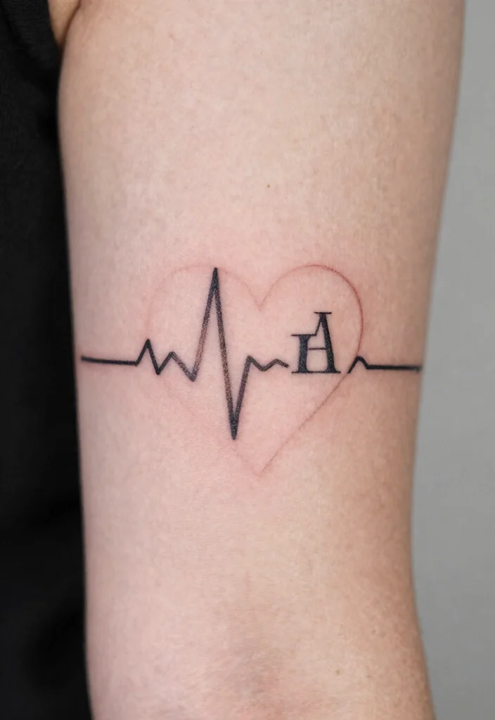 17 Heart Beat Tattoo Ideas: Emotional Simple and Clean - 2. Heart Rate Tattoo with Initials 1