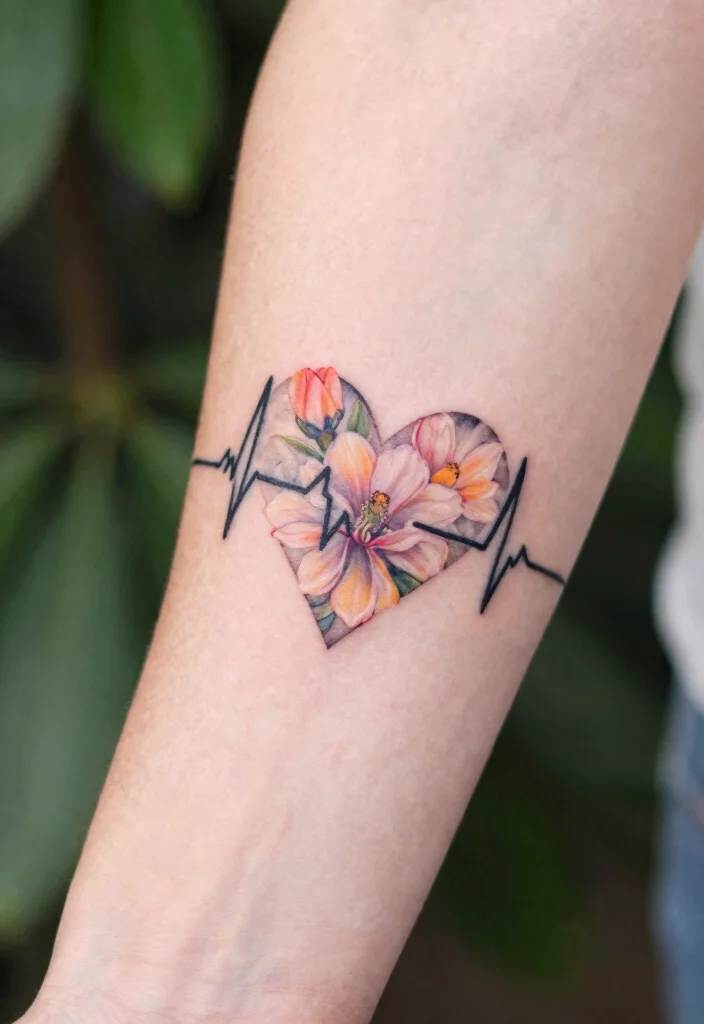 17 Heart Beat Tattoo Ideas: Emotional Simple and Clean - 7. Heart Beat with a Flower 1