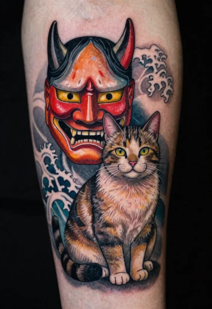 17 Japanese Cat Tattoo Ideas: Traditional, Lucky, and Cute - 10. Cat with Hannya Mask 1