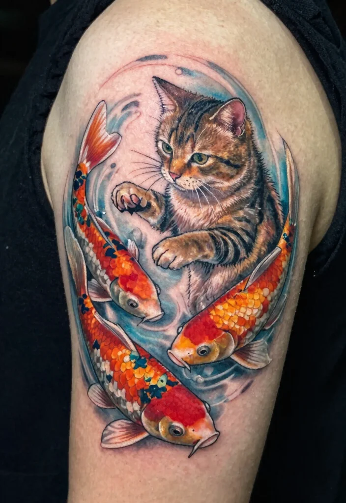 17 Japanese Cat Tattoo Ideas: Traditional, Lucky, and Cute - 11. Cat with Koi Fish 1