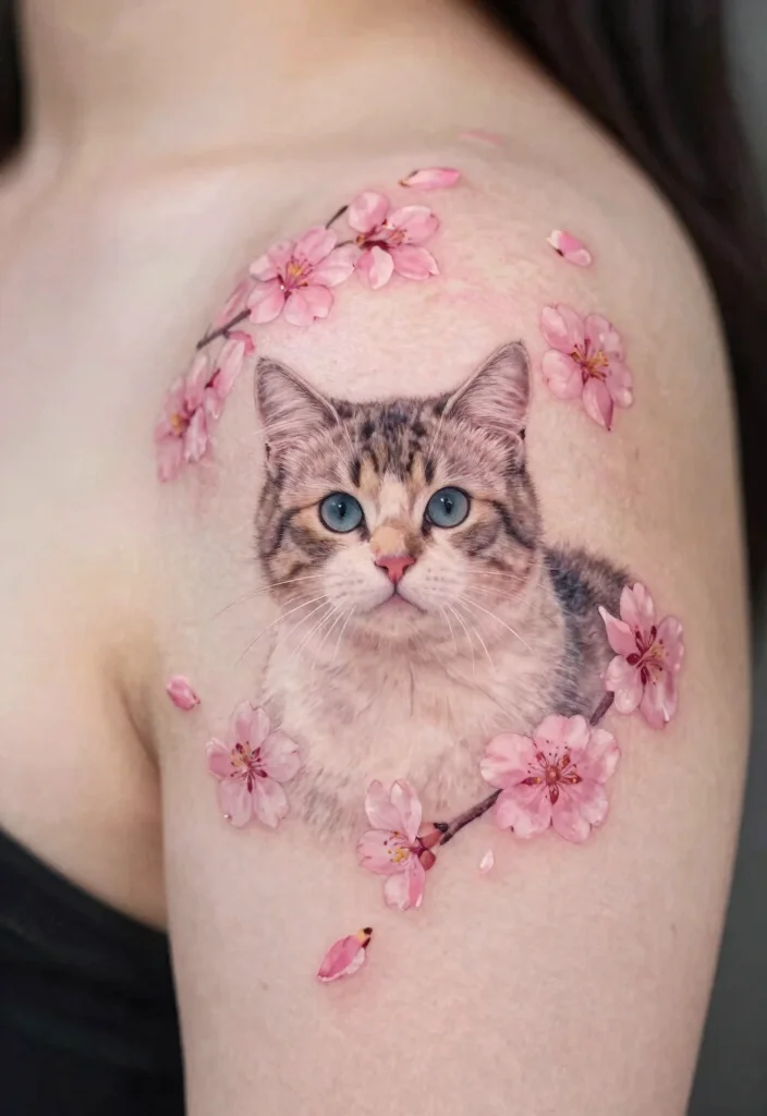 17 Japanese Cat Tattoo Ideas: Traditional, Lucky, and Cute - 13. Cat with Sakura Petals 1
