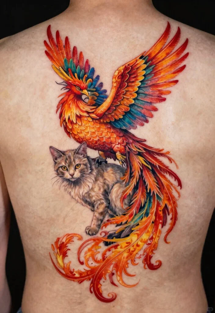 17 Japanese Cat Tattoo Ideas: Traditional, Lucky, and Cute - 14. Cat with Phoenix Elements 1