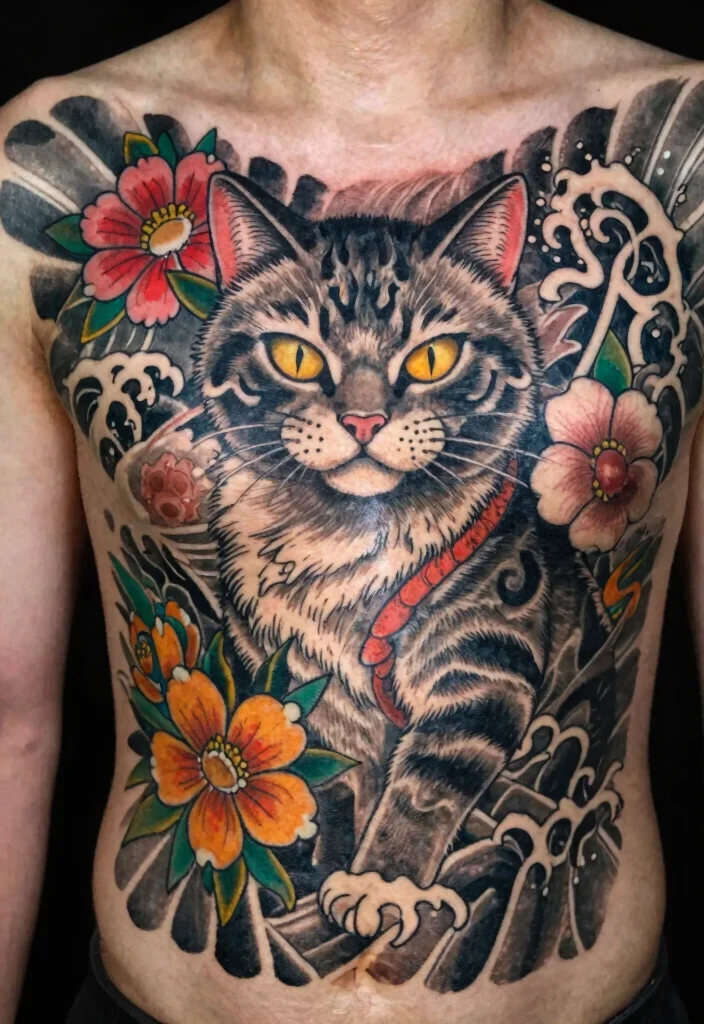 17 Japanese Cat Tattoo Ideas: Traditional, Lucky, and Cute - 16. Cat with Yakuza Influence 1