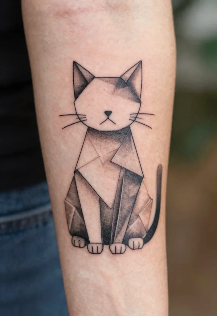 17 Japanese Cat Tattoo Ideas: Traditional, Lucky, and Cute - 17. Cat with Origami Elements 1