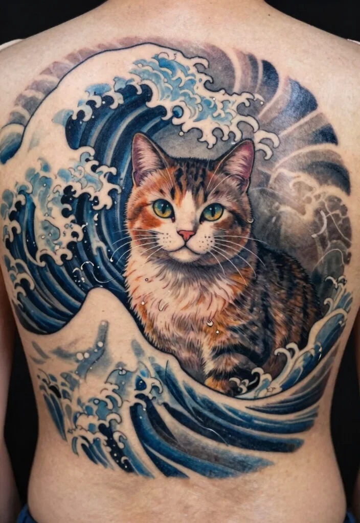 17 Japanese Cat Tattoo Ideas: Traditional, Lucky, and Cute - 3. Cat with Japanese Waves 1