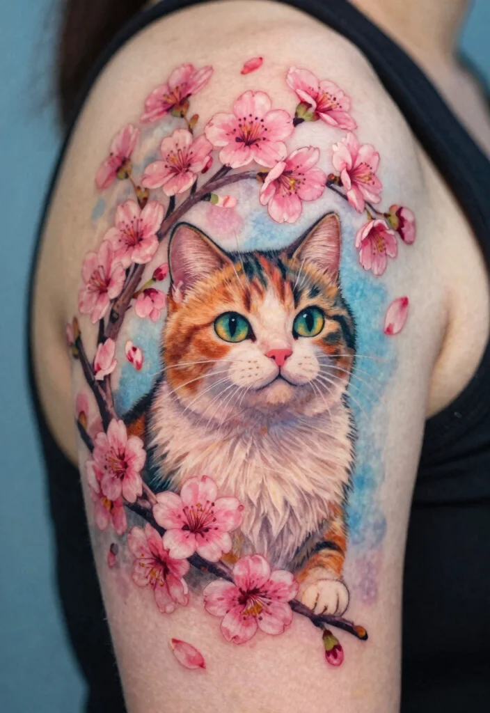 17 Japanese Cat Tattoo Ideas: Traditional, Lucky, and Cute - 4. Fortune Cat with Cherry Blossoms 1