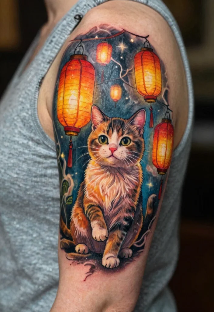 17 Japanese Cat Tattoo Ideas: Traditional, Lucky, and Cute - 5. Stylized Cat with Lanterns 1