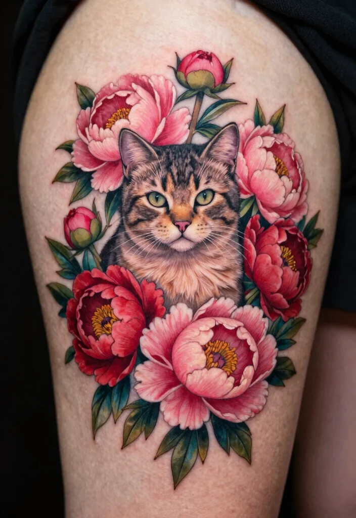 17 Japanese Cat Tattoo Ideas: Traditional, Lucky, and Cute - 6. Cat Surrounded by Blossoming Peonies 1