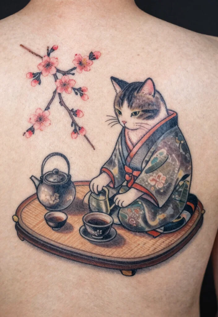 17 Japanese Cat Tattoo Ideas: Traditional, Lucky, and Cute - 9. Cat in a Tea Ceremony Setting 1
