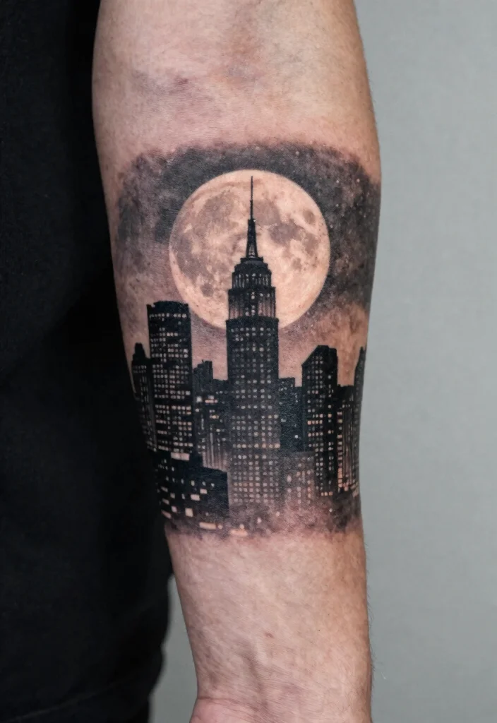 17 Moon Tattoo Men Ideas: Minimal, Mystical, and Bold - 16. Moonlight Skyline 1