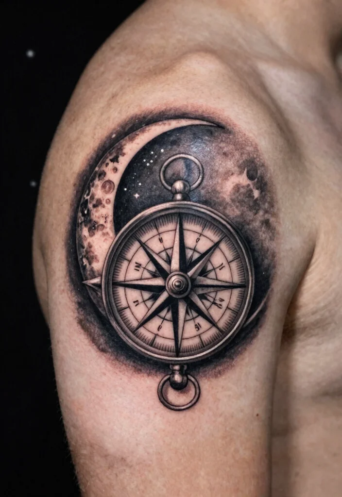 17 Moon Tattoo Men Ideas: Minimal, Mystical, and Bold - 4. Moon and Compass 1