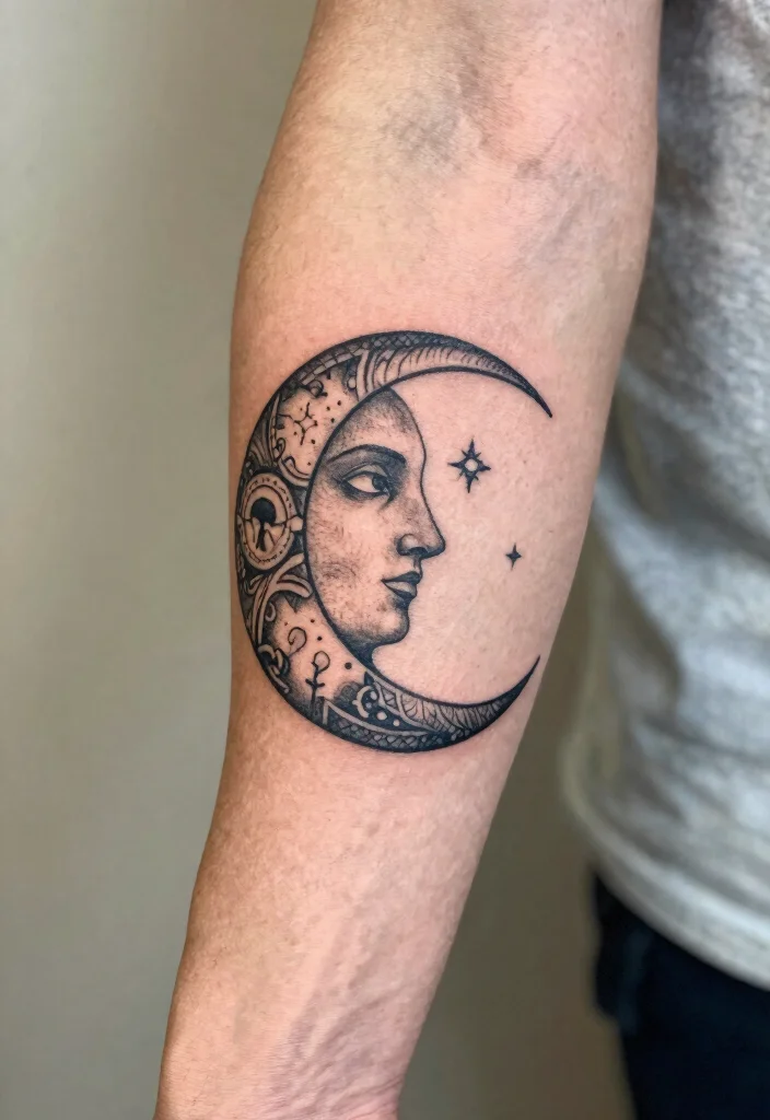 17 Moon Tattoo Men Ideas: Minimal, Mystical, and Bold - 9. Moon with Spiritual Symbols 1
