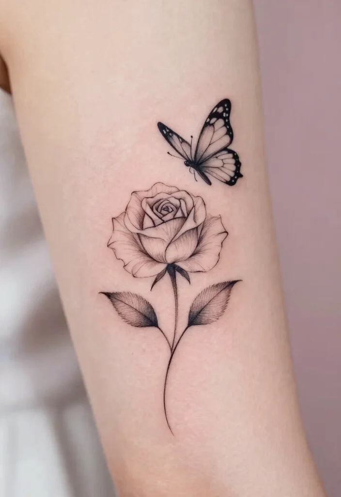 17 Rose and Butterfly Tattoo Ideas: Feminine, Meaningful, and Soft - 1. Delicate Line Art Rose and Butterfly 1