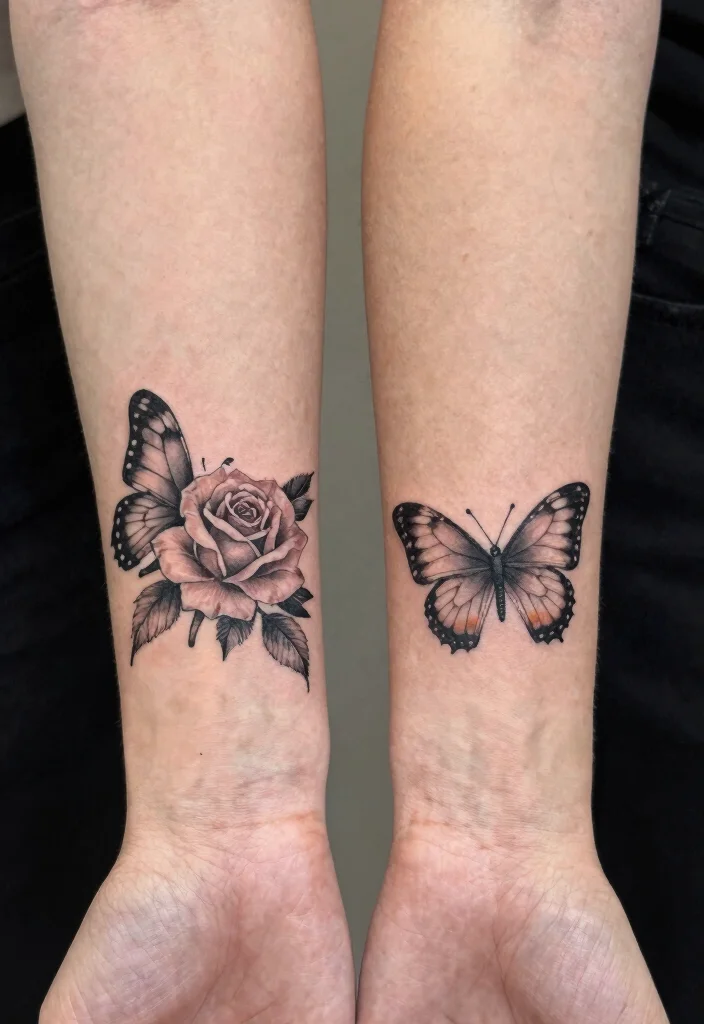 17 Rose and Butterfly Tattoo Ideas: Feminine, Meaningful, and Soft - 10. Matching Rose and Butterfly Tattoos 1