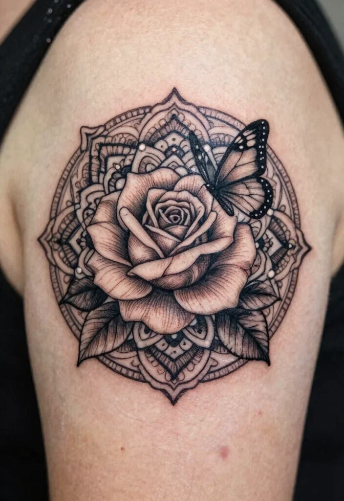17 Rose and Butterfly Tattoo Ideas: Feminine, Meaningful, and Soft - 11. Circular Rose and Butterfly Design 1
