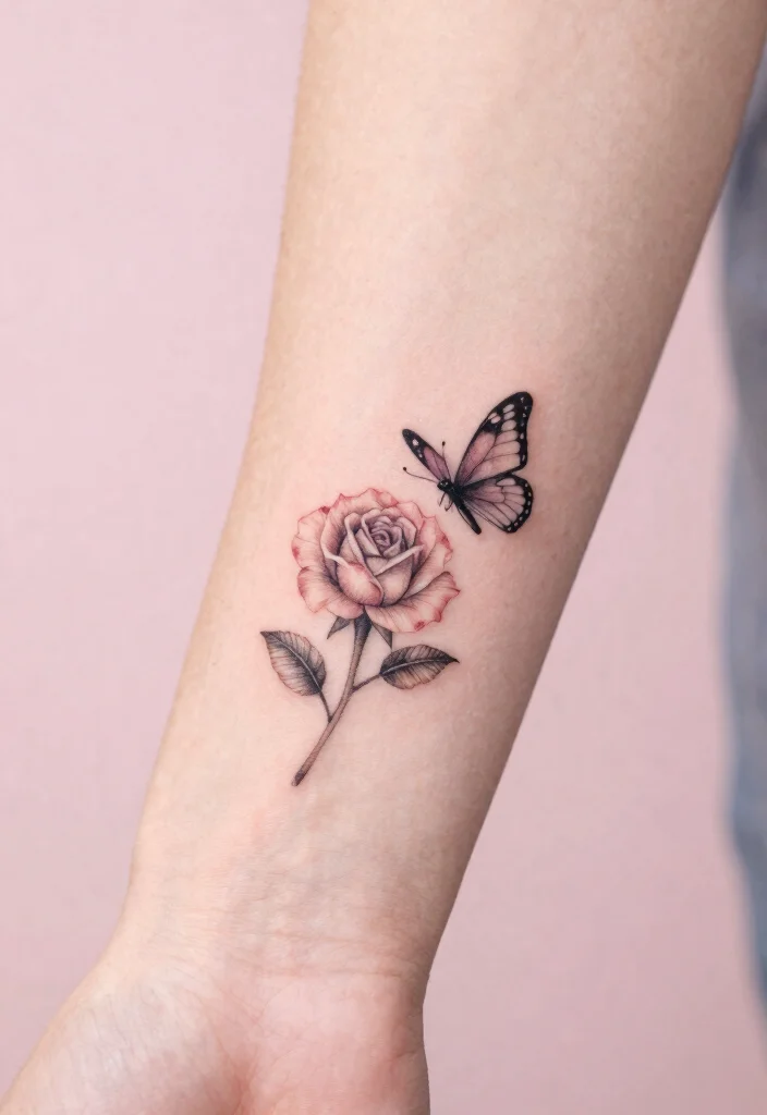 17 Rose and Butterfly Tattoo Ideas: Feminine, Meaningful, and Soft - 12. Miniature Rose and Butterfly on Finger 1