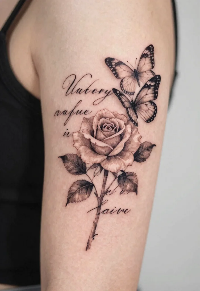 17 Rose and Butterfly Tattoo Ideas: Feminine, Meaningful, and Soft - 13. Rose and Butterfly with Inspirational Quote 1