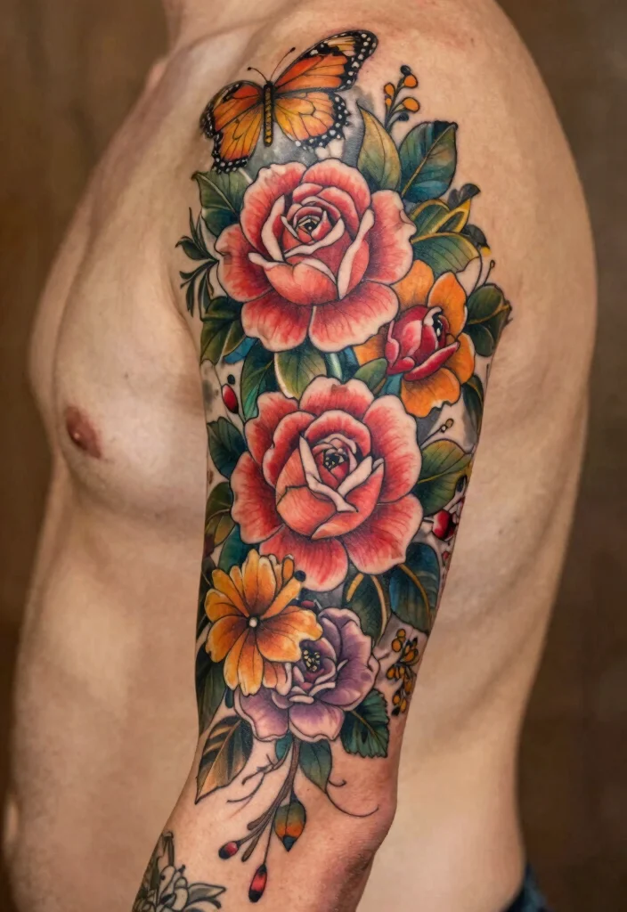 17 Rose and Butterfly Tattoo Ideas: Feminine, Meaningful, and Soft - 14. Floral Sleeve with Rose and Butterfly 1