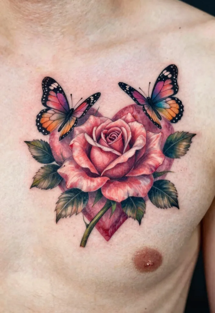 17 Rose and Butterfly Tattoo Ideas: Feminine, Meaningful, and Soft - 15. Rose and Butterfly Heart Design 1
