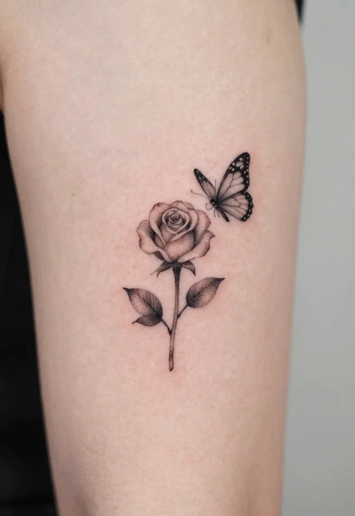 17 Rose and Butterfly Tattoo Ideas: Feminine, Meaningful, and Soft - 3. Tiny Rose with Butterfly Accent 1