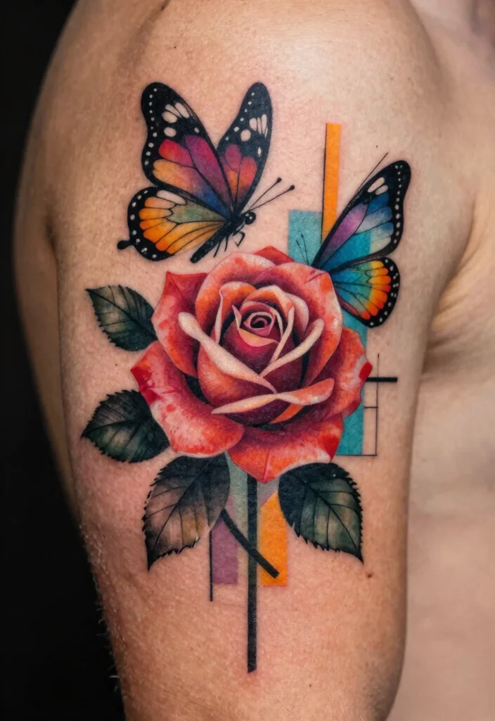 17 Rose and Butterfly Tattoo Ideas: Feminine, Meaningful, and Soft - 4. Abstract Rose and Butterfly Tattoo 1