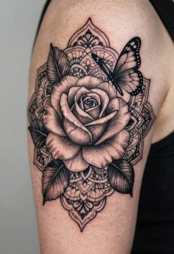 17 Rose and Butterfly Tattoo Ideas: Feminine, Meaningful, and Soft - 5. Floral Mandala with Rose and Butterfly 1