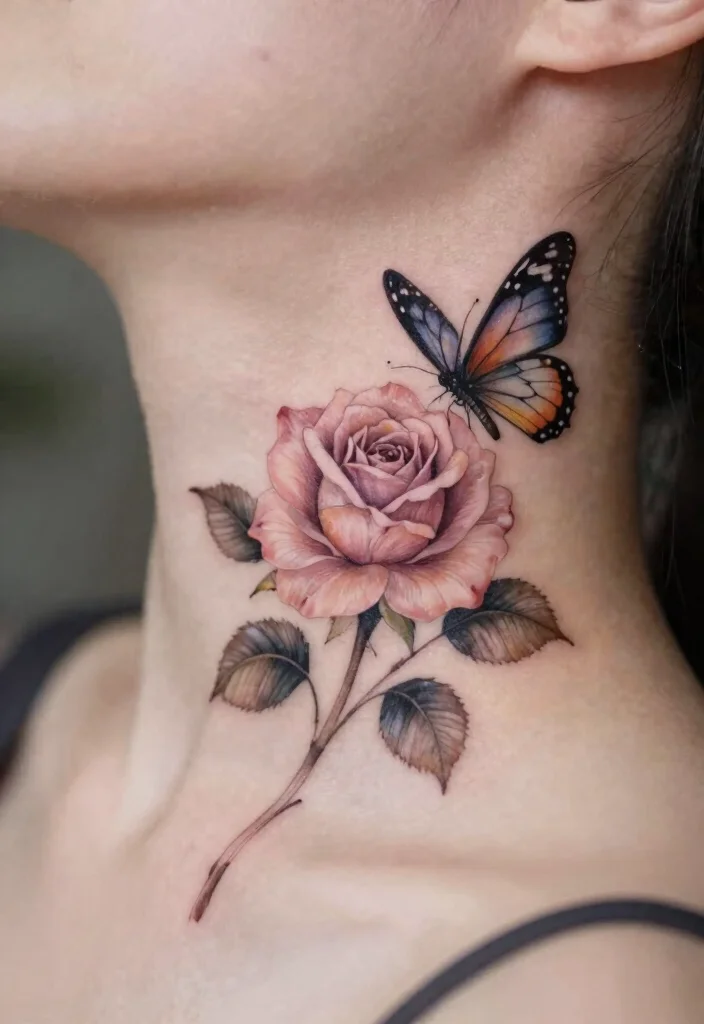 17 Rose and Butterfly Tattoo Ideas: Feminine, Meaningful, and Soft - 6. Side Neck Rose and Butterfly 1