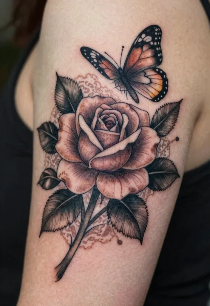 17 Rose and Butterfly Tattoo Ideas: Feminine, Meaningful, and Soft - 7. Vintage Style Rose and Butterfly 1