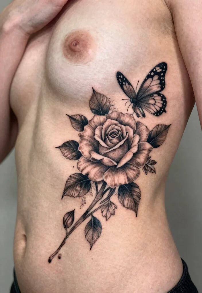 17 Rose and Butterfly Tattoo Ideas: Feminine, Meaningful, and Soft - 9. Rose and Butterfly on the Ribcage 1