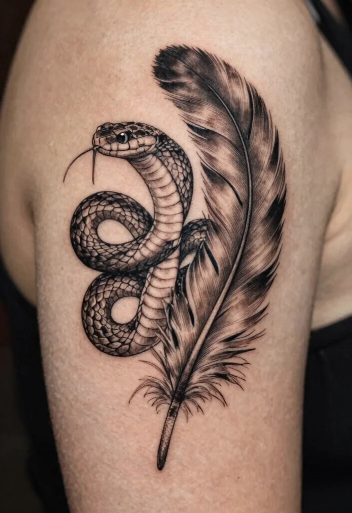 17 Snake Tattoo Stencil Ideas: Clean, Sharp, and Customizable - 11. Snake with Feather 1