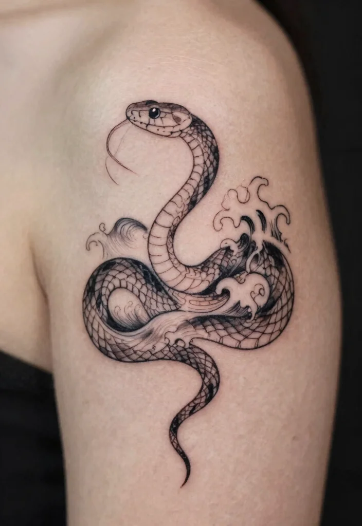17 Snake Tattoo Stencil Ideas: Clean, Sharp, and Customizable - 14. Minimalist Snake on Wave 1