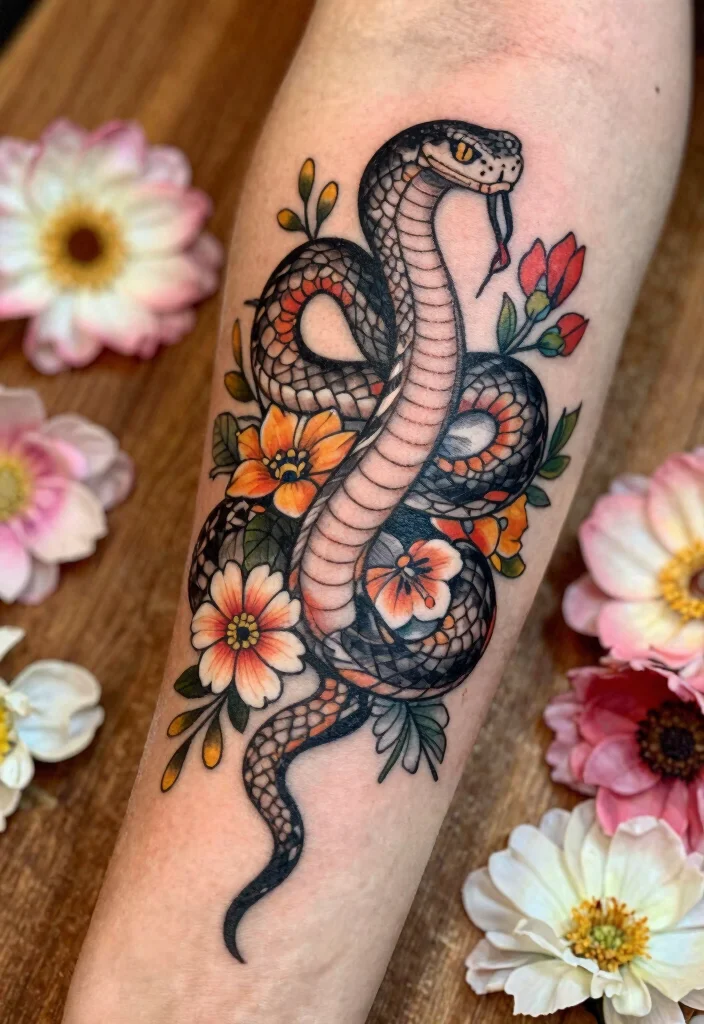 17 Snake Tattoo Stencil Ideas: Clean, Sharp, and Customizable - 3. Floral Snake Combination 1