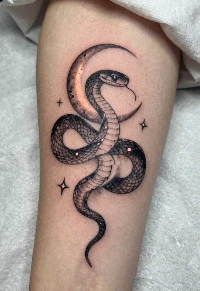 17 Snake Tattoo Stencil Ideas: Clean, Sharp, and Customizable - 4. Snake with Moon Elements 1