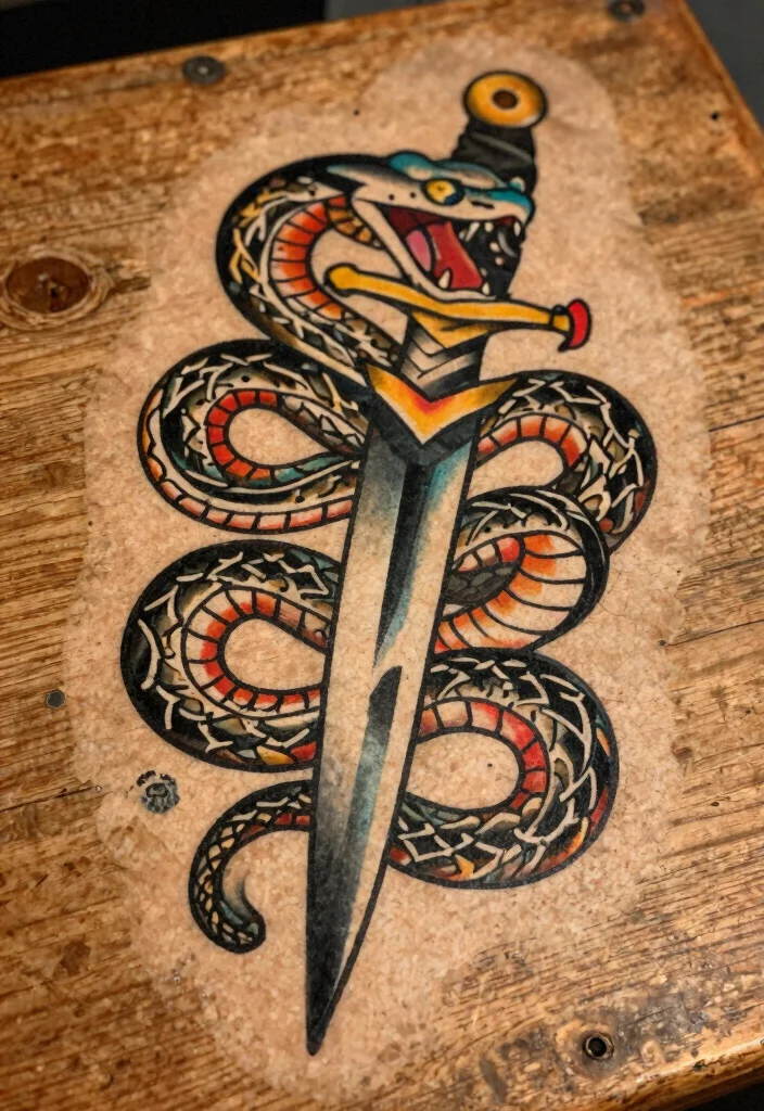 17 Snake Tattoo Stencil Ideas: Clean, Sharp, and Customizable - 6. Traditional Snake and Dagger 1