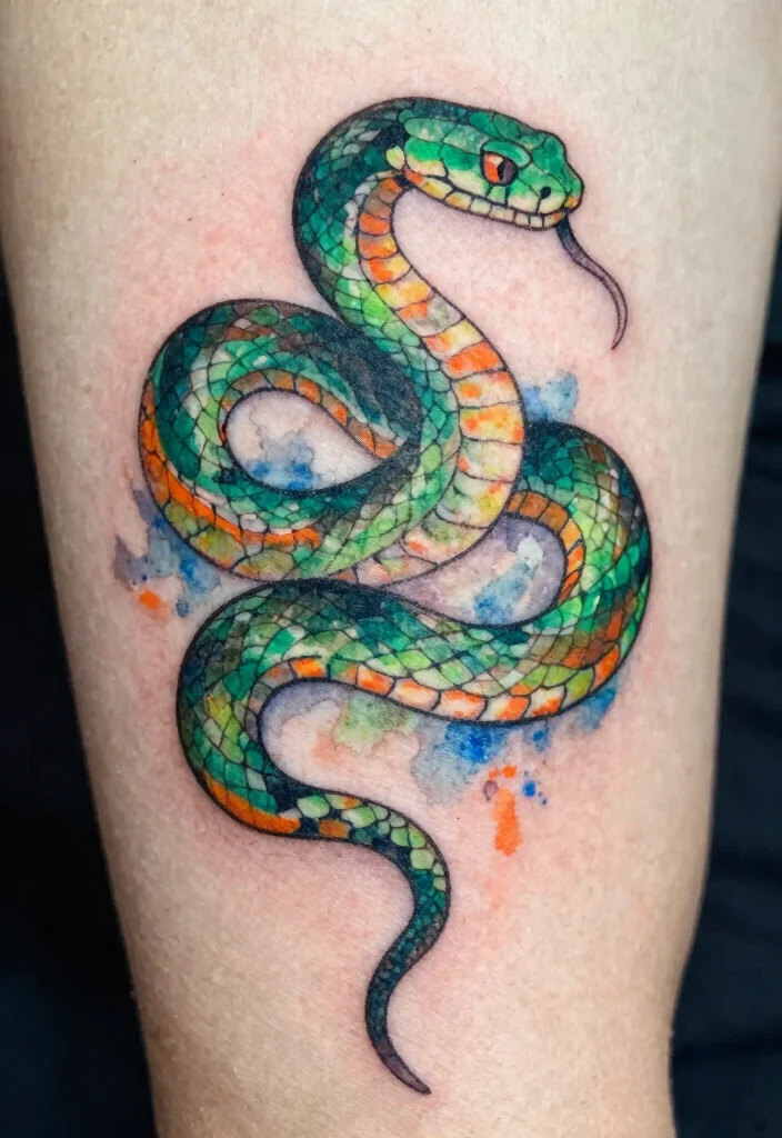 17 Snake Tattoo Stencil Ideas: Clean, Sharp, and Customizable - 7. Watercolor Snake Tattoo 1