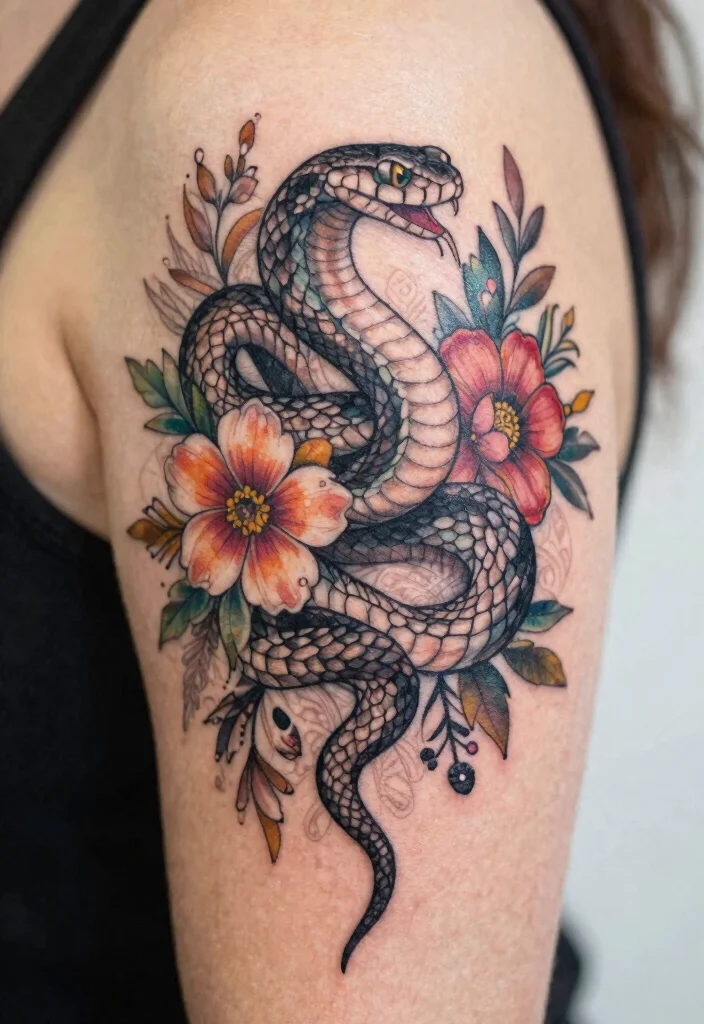 17 Snake Tattoo Stencil Ideas: Clean, Sharp, and Customizable - 8. Snake on Floral Background 1
