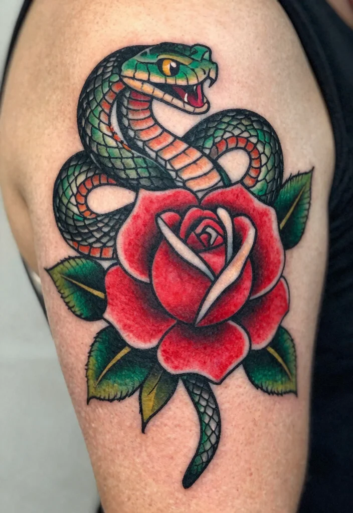 17 Snake and Rose Tattoo Ideas: Power, Passion, and Contrast - 1. The Classic Snake and Rose 1