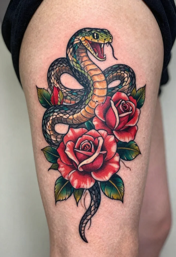 17 Snake and Rose Tattoo Ideas: Power, Passion, and Contrast - 10. Snake and Rose in Motion 1