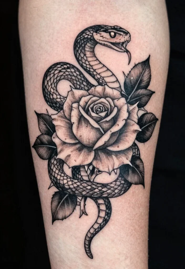 17 Snake and Rose Tattoo Ideas: Power, Passion, and Contrast - 11. Adding Elements: Thorns and Leaves 1