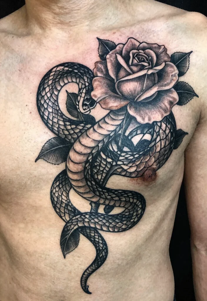 17 Snake and Rose Tattoo Ideas: Power, Passion, and Contrast - 13. Statement Pieces 1