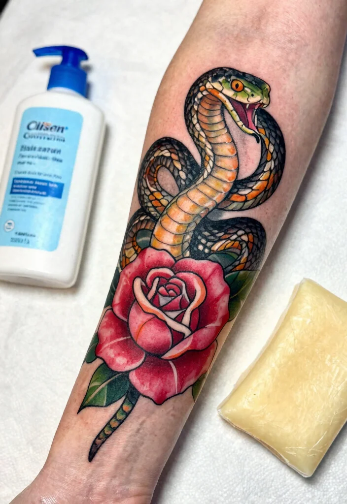 17 Snake and Rose Tattoo Ideas: Power, Passion, and Contrast - 16. Taking Care of Your Tattoo 1
