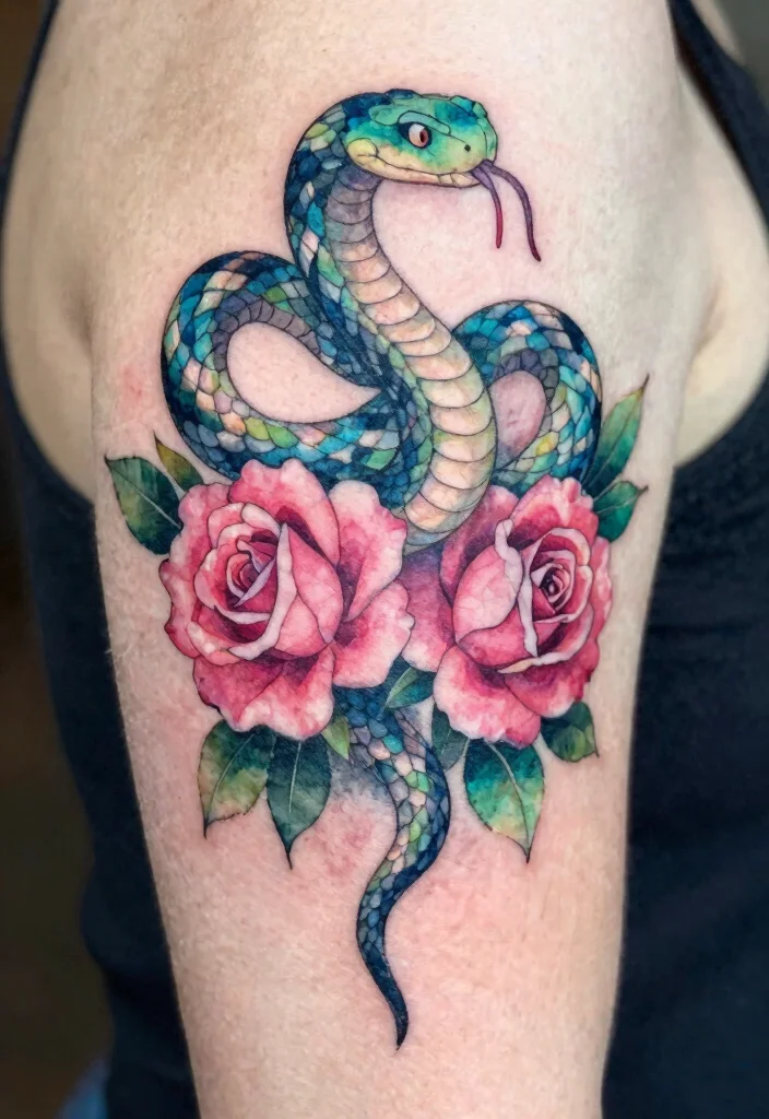 17 Snake and Rose Tattoo Ideas: Power, Passion, and Contrast - 2. Watercolor Wonders 1