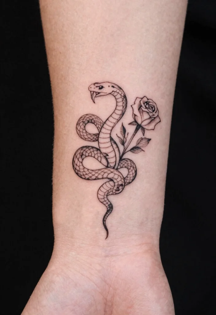 17 Snake and Rose Tattoo Ideas: Power, Passion, and Contrast - 3. Minimalist Elegance 1
