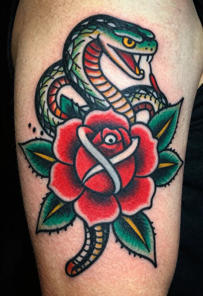 17 Snake and Rose Tattoo Ideas: Power, Passion, and Contrast - 4. Traditional American Style 1