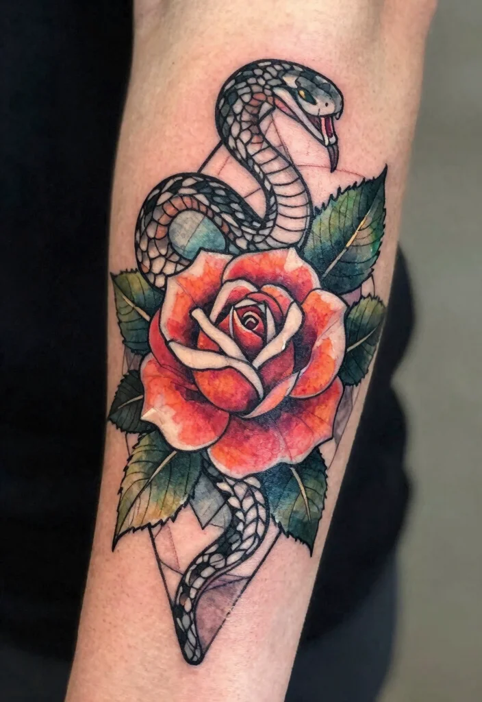 17 Snake and Rose Tattoo Ideas: Power, Passion, and Contrast - 5. Geometric Fusion 1