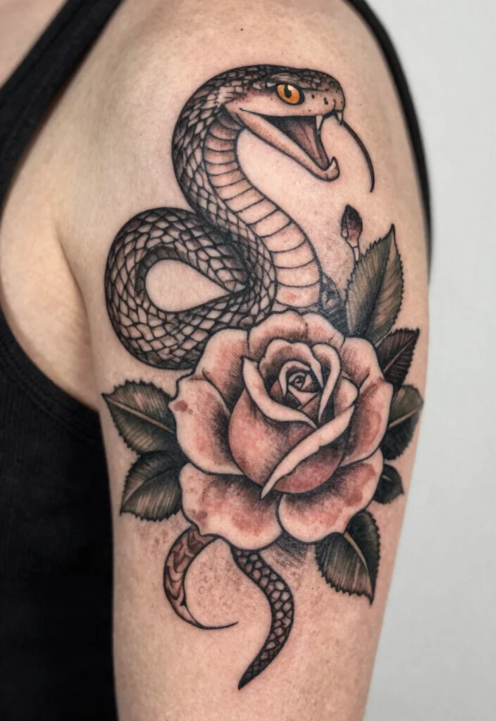 17 Snake and Rose Tattoo Ideas: Power, Passion, and Contrast - 6. Vintage Aesthetic 1